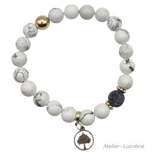 Bracelet en howlite, pierre naturelle, blanc marbré gris. avec un pendentif doré arbre de vie.